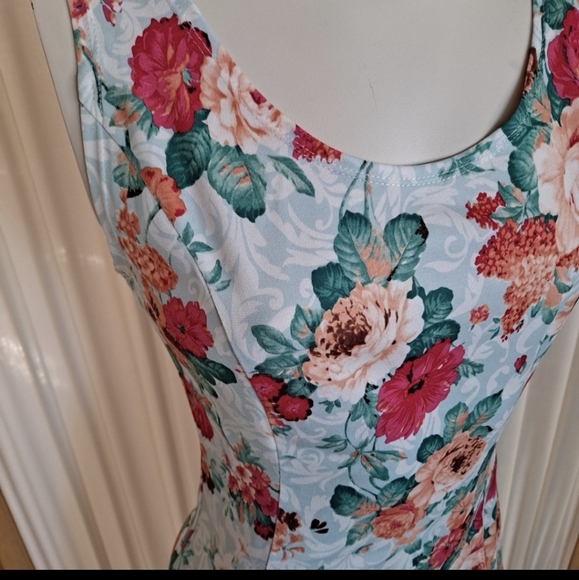 Tomsware Blue Darted A-Line Dress with Multicolored Floral Print - Picture 2 of 4